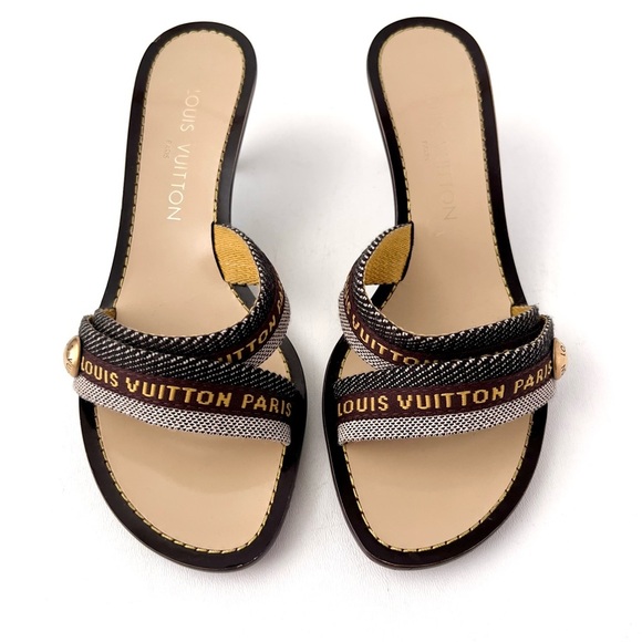 LOUIS VUITTON | Y2K Monogram Paris Logo Ribbon Kitten Heel Sandals Slides 37.5 - Picture 3 of 12
